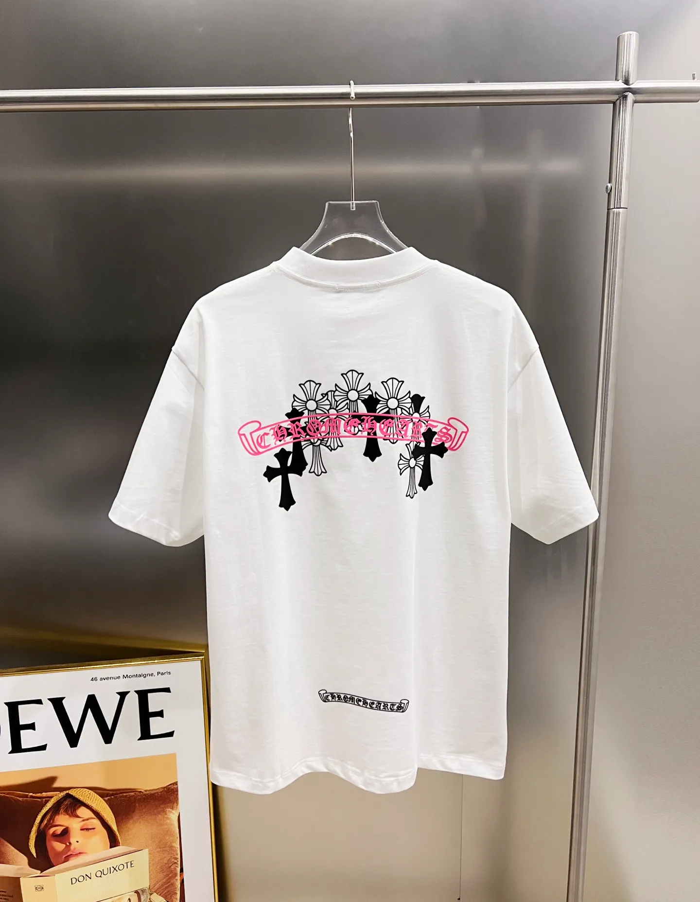 🅿️190 CH Crowe 2025 Autumn and Winter New Short-sleeved T-shirt with cross sticker + customized hardware and metal horseshoe Sanskrit text craft. The real thing is great🔥Same style for men and women, loose version, size S M L XL XXL five sizes black white